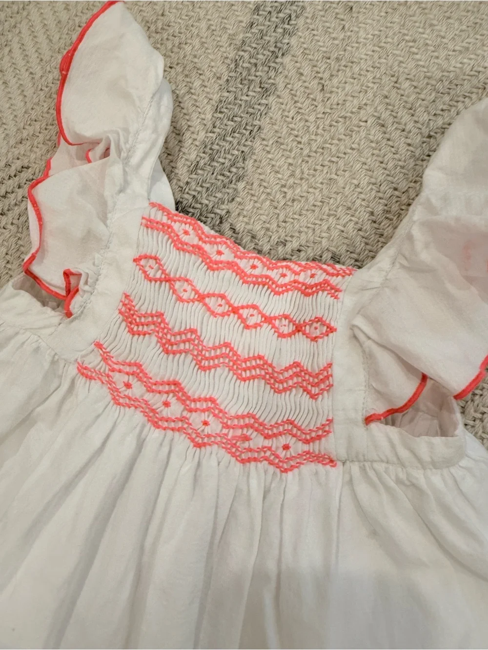 Jacadi Baby 18M Infant White Cotton Dress Neon Pink Smocked and ruffle Sleeves